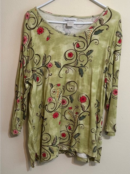 Barbara Graffeo Tops - Barbara Graffeo Olive Green Floral Long Sleeve Top L